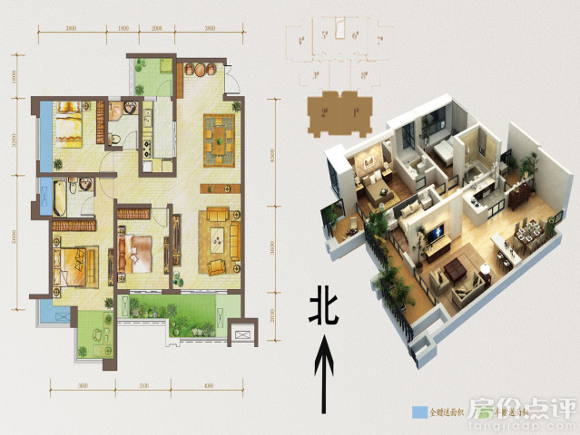 户型图 c2户型 套内面积约102平米 三室两厅双卫带院馆 114